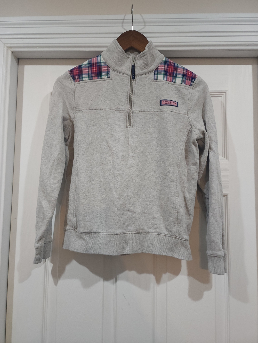 Vineyard Vines Heather Gray Quarter-Zip Pullover with Plaid Shoulder Panels